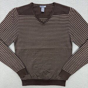 H&M Sweater Mens Small S Brown Stripe V Neck Knit Long Sleeve Pullover Casual